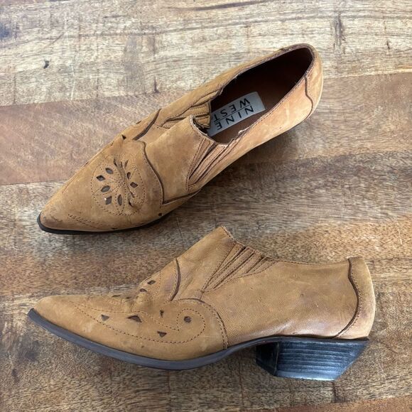 Vintage Nine West Nubuk leather tan western cowboy booties 7.5 - Picture 1 of 8